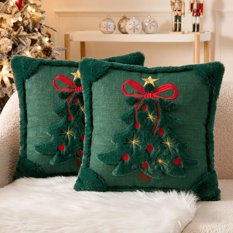 1PCS Pillow Cover Velvet Embroidered Christmas Tree Square Pillow Cover Home Sofa Back Cushion Cover Living Room Christmas