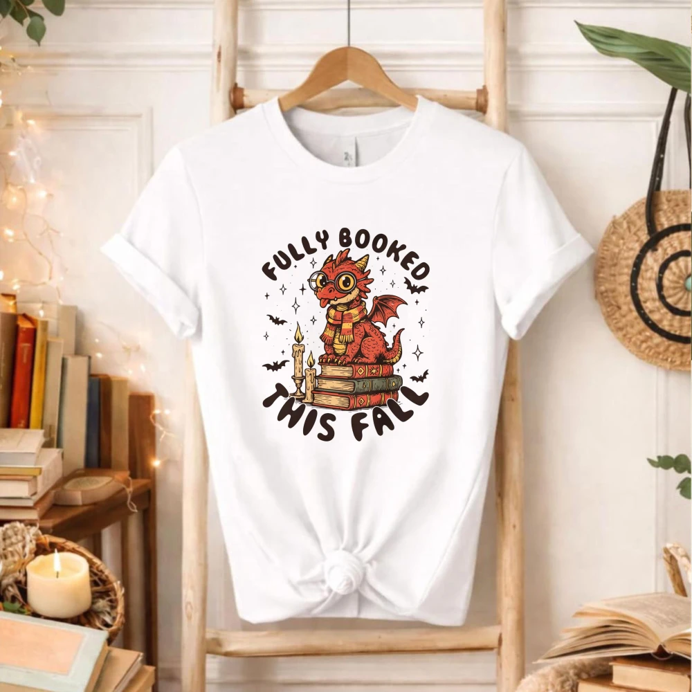 2026 Cute Kawaii Dragon Reading Book T-Shirt for Women Girls Book Lover Fully Booked This Autumn Graphic Print Tee Short Sleeve