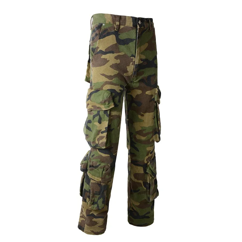 Army Green Camouflage Multi-pocket Straight-leg Workwear Elastic Trousers, European and American Men's New Style Jeans.