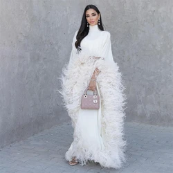 Saudi Arabia Satin Long Sleeves High-neck Prom Dresses Feather Formal Ball Gown A-line Long Evening Gowns for Women فساتين سهرة