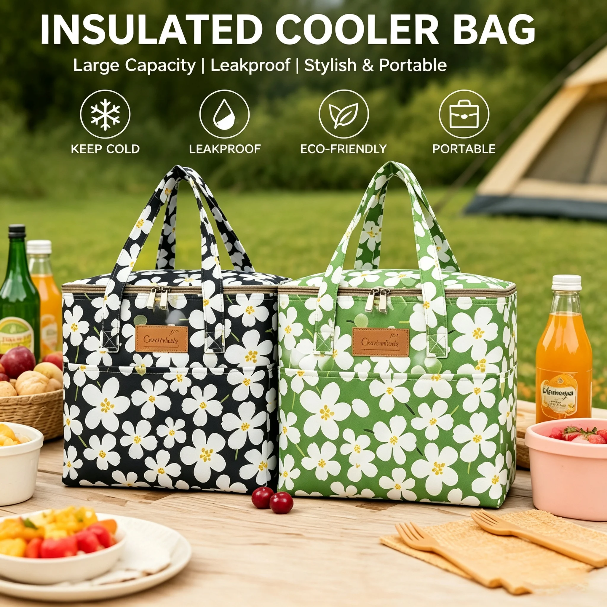 Outdoor Floral Printed Insulated Cooler Bag Large Capacity Thermal Tote Leakproof Aluminum Liner with Portable Bag for Picnic