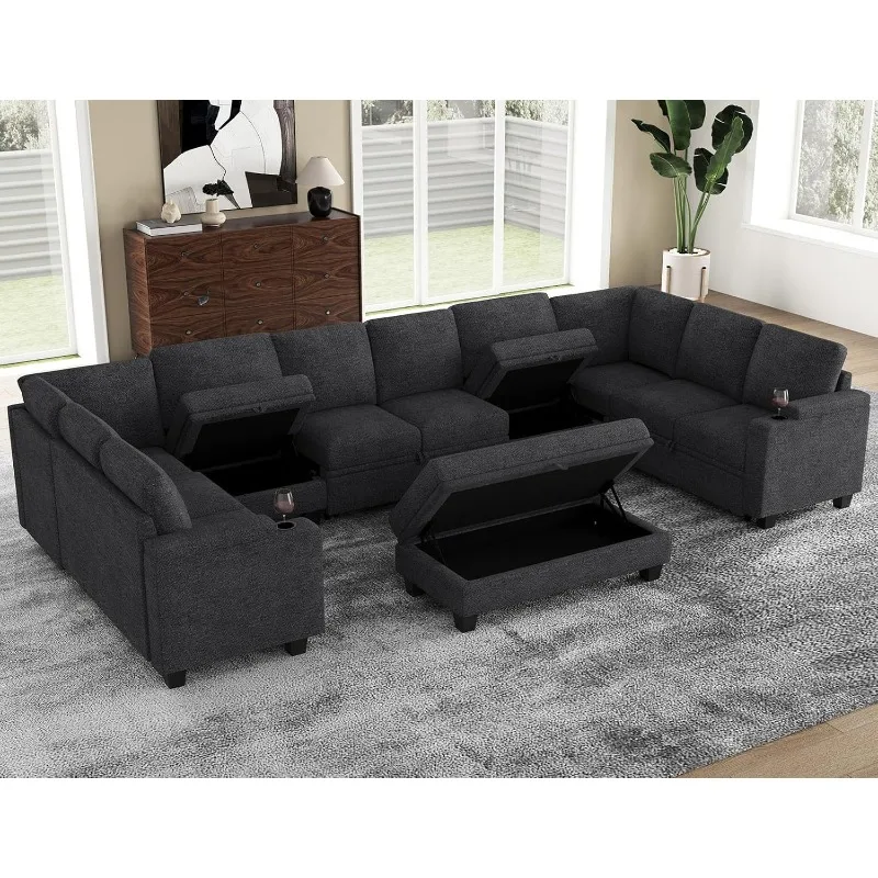 Large Modular Sectional Sleeper Sofa with Pull Out Bed Oversized U Shaped Sectional Couches for Living Room. Dark Gery C