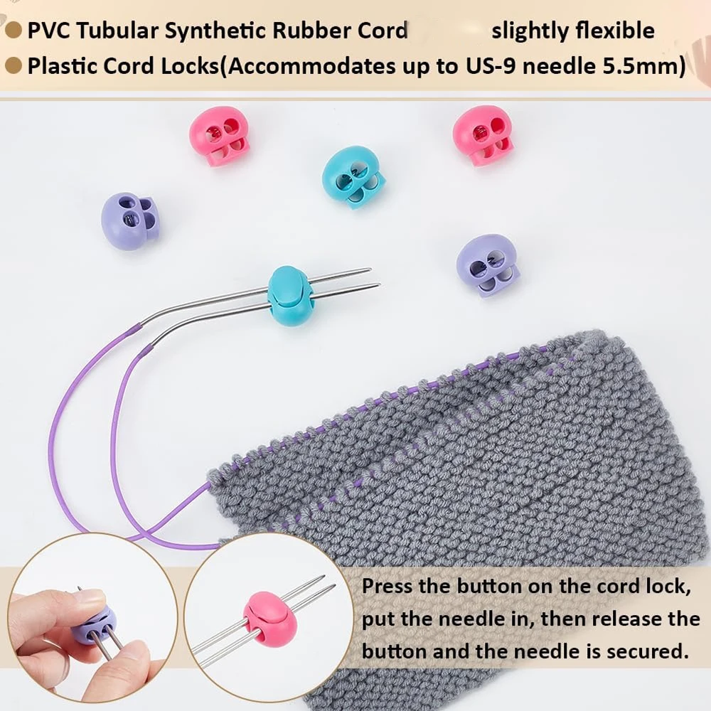 5M Stitch Keeping Cords 2mm Hollow Rubber Tubing Knitting Barber Cord with 0.2 Inch Hole Needle Stoppers for Knitting Stitch