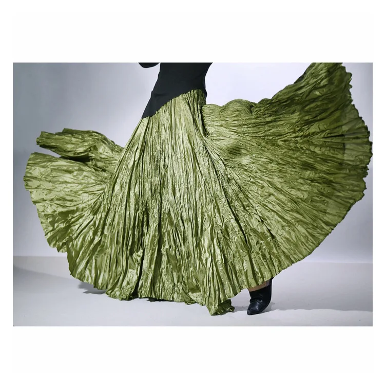 High Quality Women Spring Long Skirts Wide Hem Pleated Design High Waist A-Line Dance Maxi Skirts Faldas Femme Streetwear