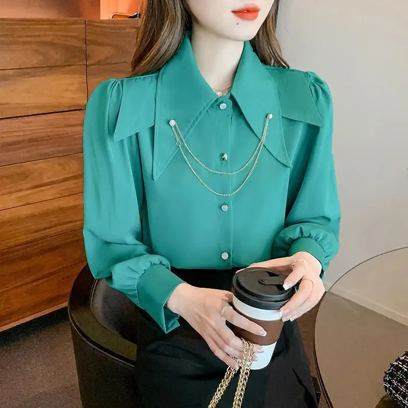 Women Spring Simplicity Loose Fashion chain Solid color Peter pan Collar Long sleeve Shirts women clothes Casual All-match tops