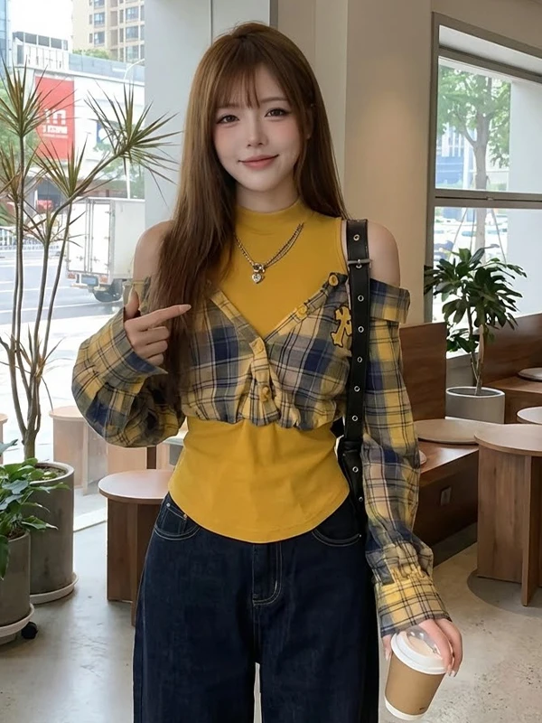 

Stunning oulder Bared Plaid Long Sve irt Women's Spring 2026 New Sle Casual Slim Fit Inner Wear Layered Top
