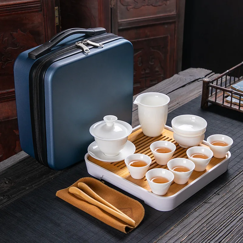 Outdoor Kung Fu Tea Set for Home Use, Light Luxury High-End Chinese Style Sheep Fat Jade White Porcelain Teapot and Teacups, Por