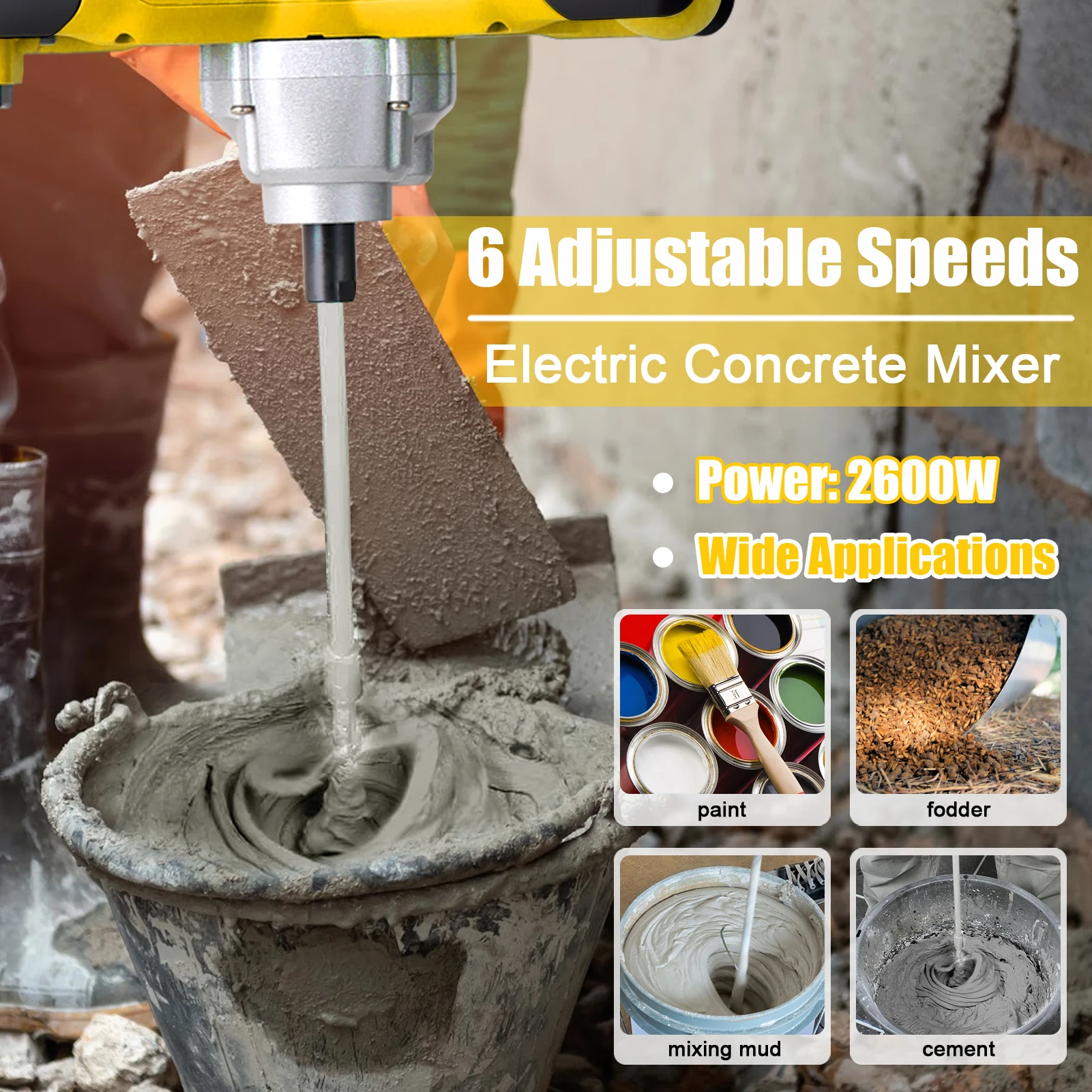 2600W Electric Concrete Mixer Portable Handheld Concrete Cement Mixer 6 Speeds Adjustable Mixing Machine Thinset Mortar Tool