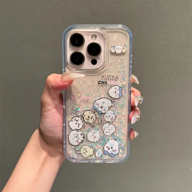 Cute Anime Chiikawa Usagi Hachiware Bling Glitter Quicksand Phone Case For iPhone 18 17 16 15 14 13 Pro Max Clear Hard Cover
