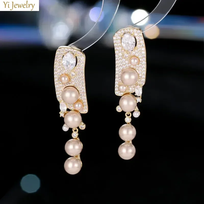 

Elegant Pearls Dangle Earrings for Women Wedding Evening Party Luxury Jewelry Bridal Shiny Zircon Pearls Drop Earrings Wholesale