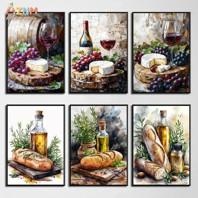 AZNM Wine Cheese Bread Still Life Canvas Wall Art, Vintage Oil Painting Style Grape Red Wine Olive Food Illustration Print, Fram