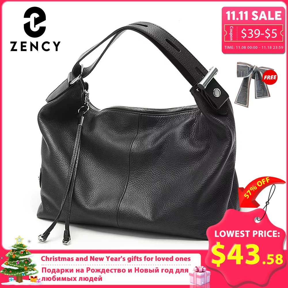 Zency 100% Genuine Leather Large Women Shoulder Bag Tote Adjustable Wide Strap White Handbag Purse Black Hobo Bag Designer Bags