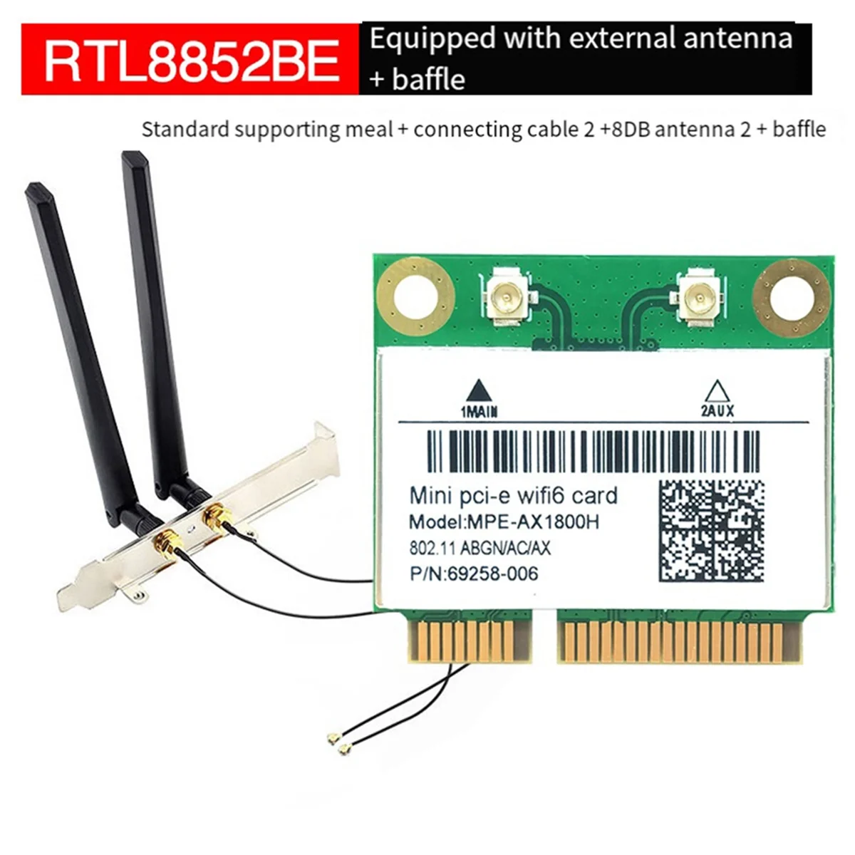 RTL8852BE WIFI6 Card+Antennas with Baffles AX1800M WiFi Bluetooth5.2 2.4GHz/5GHz WIFI Card 802.11ax for Win10/Win11