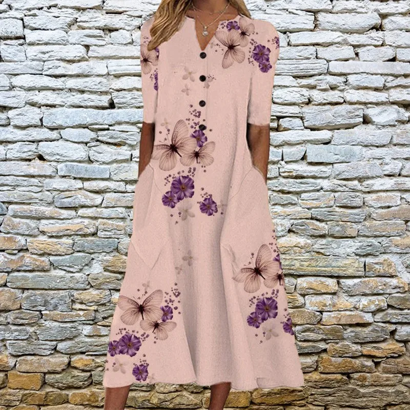 2024 New Spring/Summer Amazon European and American Cross border Women\'s Printed Pockets V-Neck Loose Casual Long Dress for Wome