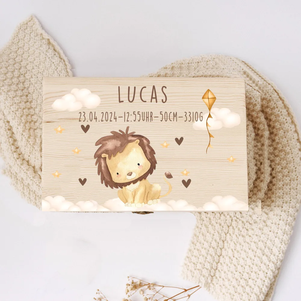 Baby Memory Box Custom Name Memory Boxes Animal Rainbow Print Wood Kid Memories Case Custom Child Birthday Shower Gift