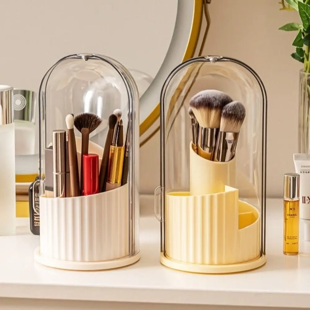

360° Rotating Makeup Brush Holder Large Capacity with Lid Makeup Brush Storage Bucket Dustproof Clear Cosmetic Organizer Desktop