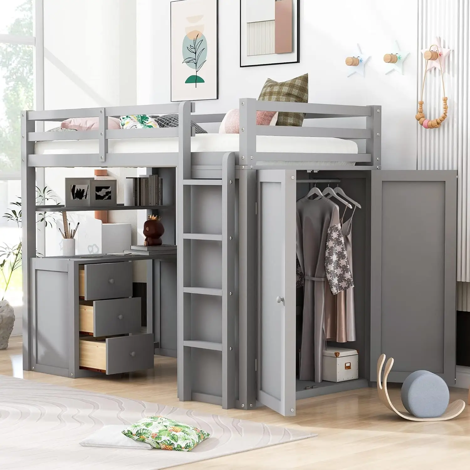 

Twin Size Loft Bed Solid Wooden Loft Bed Frame With Drawers,Desk,And Wardrobe & Safety Guardrail For Kids, Boys And