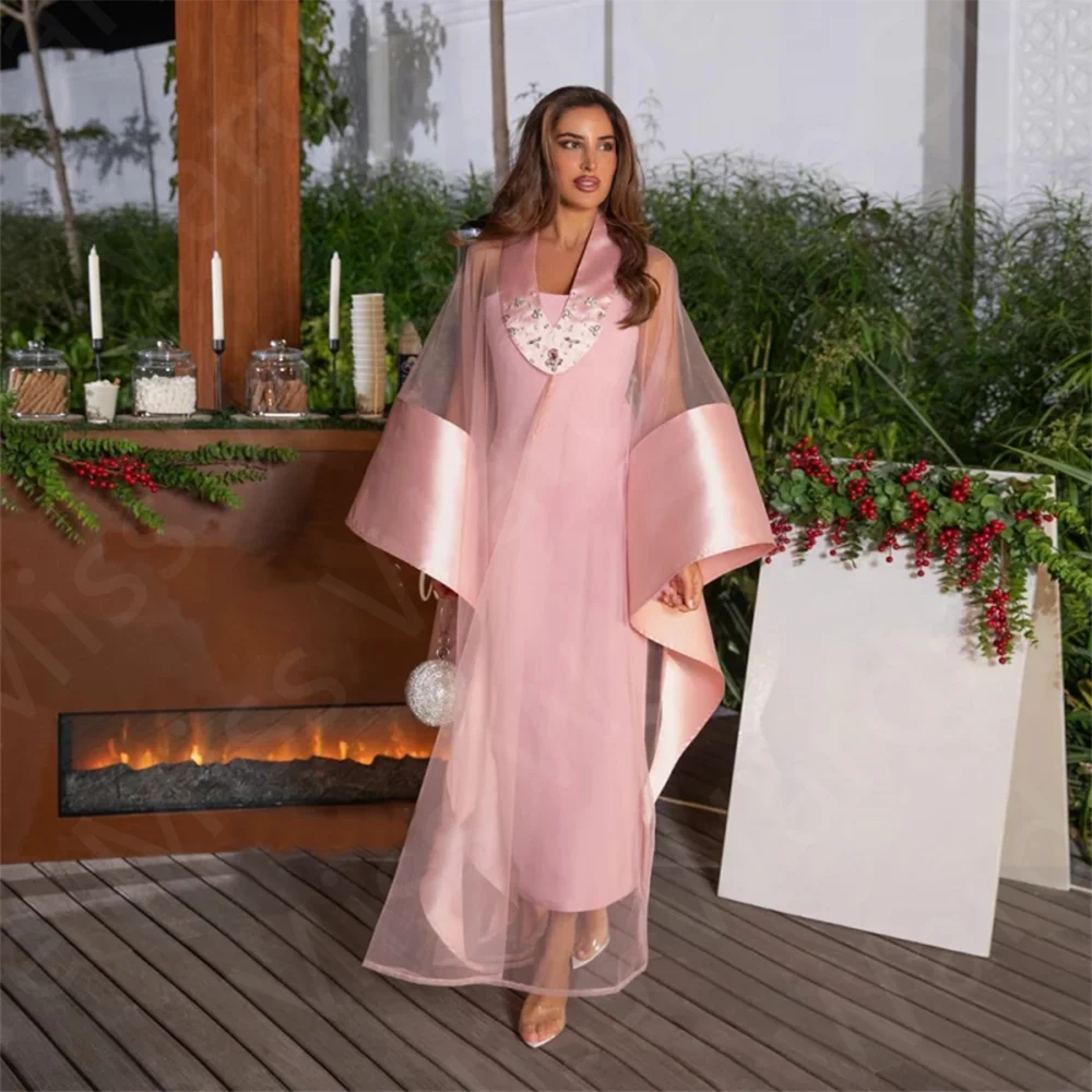 

Customized Latest Two Pieces Prom Dresses Pink Arabic Wedding Party Dresses with Coat Evening Gowns Long Sleeves Beaded On Sale