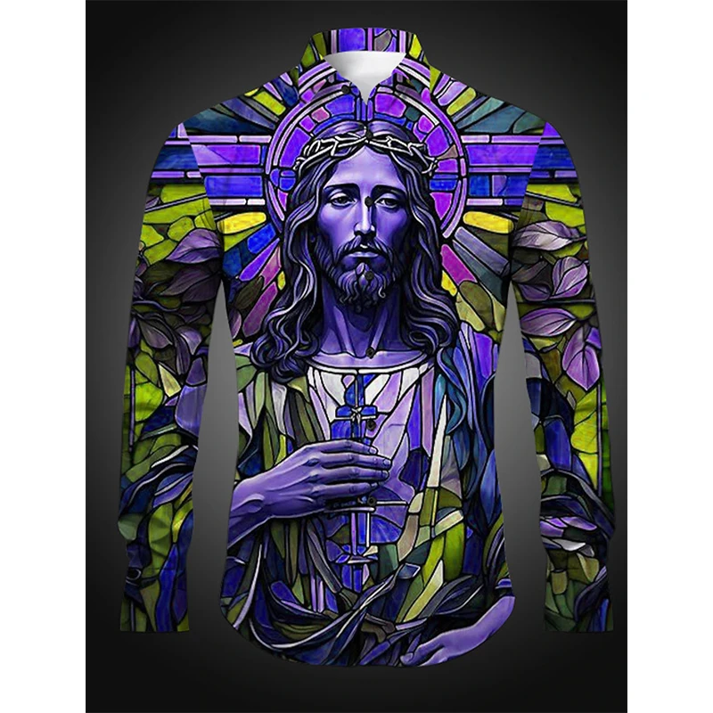 

3D Print Jesus Artistic Abstract Graphic Shirts For Men Daily Wear Long Sleeve Button Down Turndown Casual Shirts Blouse