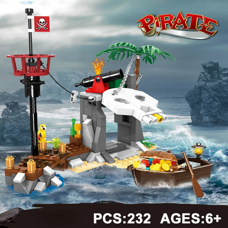 Mini Boat To Pirate Island Adventure Block DIY Cannon Coconut Tree Building Brick Toy For Boy Children