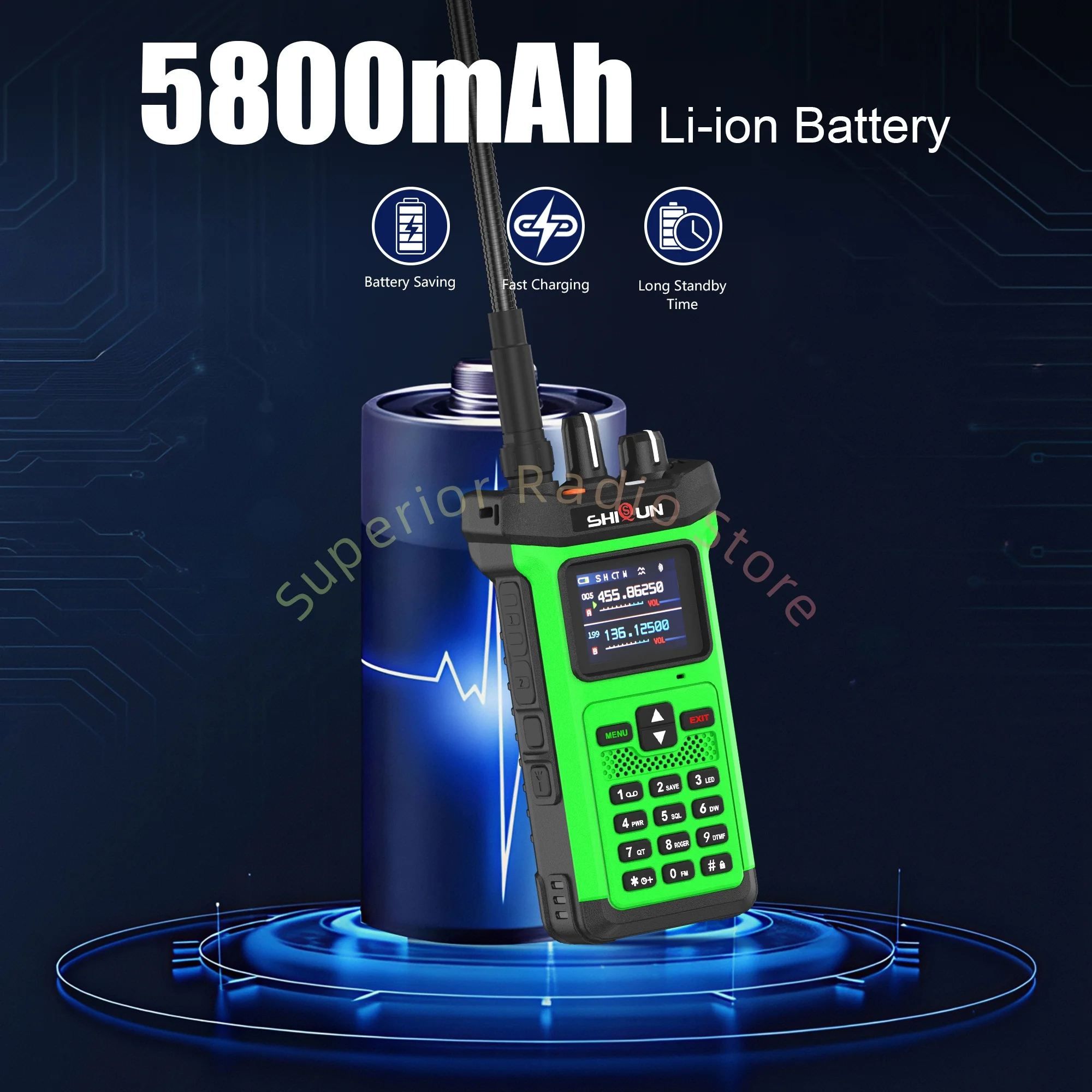 SQ-8500 اسلكية تخاطب خضراء عالية الطاقة 20 واط VHF UHF 5800 مللي أمبير AI الحد من الضوضاء عكس شاحن مصباح يدوي قوي FM كما حظر الطاقة