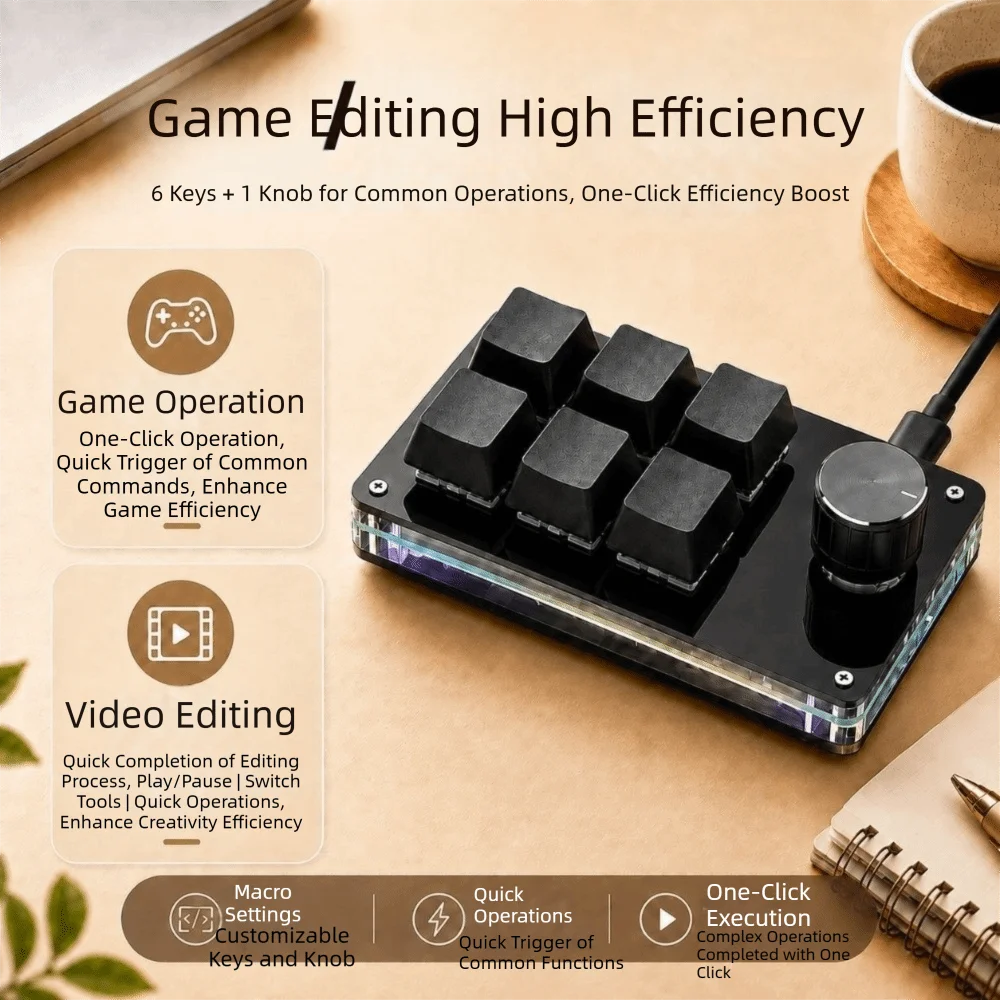 RGB Mini Custom Programming Keyboard Hot Swap 6 Keys Gaming Keypads 1 Knob USB Wired Mechanical Keyboard for Photoshop
