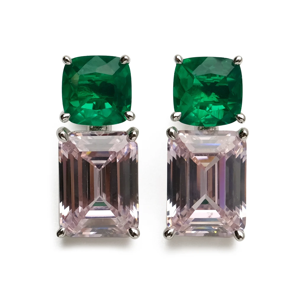 Luxry Green Pink Zircon Stud Earrings Pendant Necklace Jewelry Set