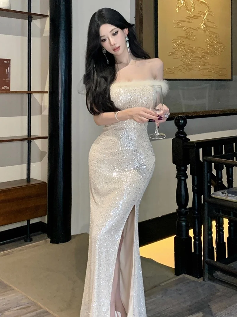 

Сексуальное облегающее платье с пайетками, на одно плечо, с высокой талией, длинная юбка для женщин 20-30 лет, повседневная носка, китайский бренд