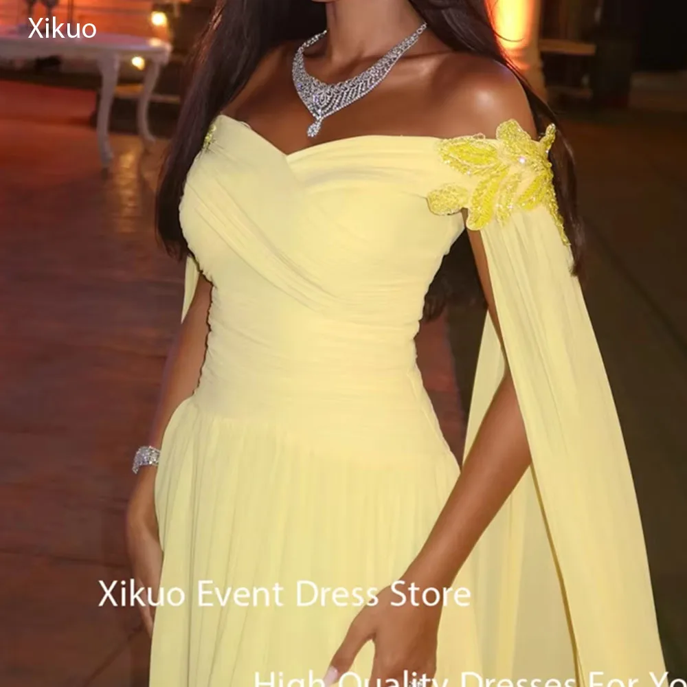 Xikuo Off Shoulder Flowers Evening Dresses Yellow Pleated Party Dresses Formal Chiffon A Line Vestidos De Fiesta Customized