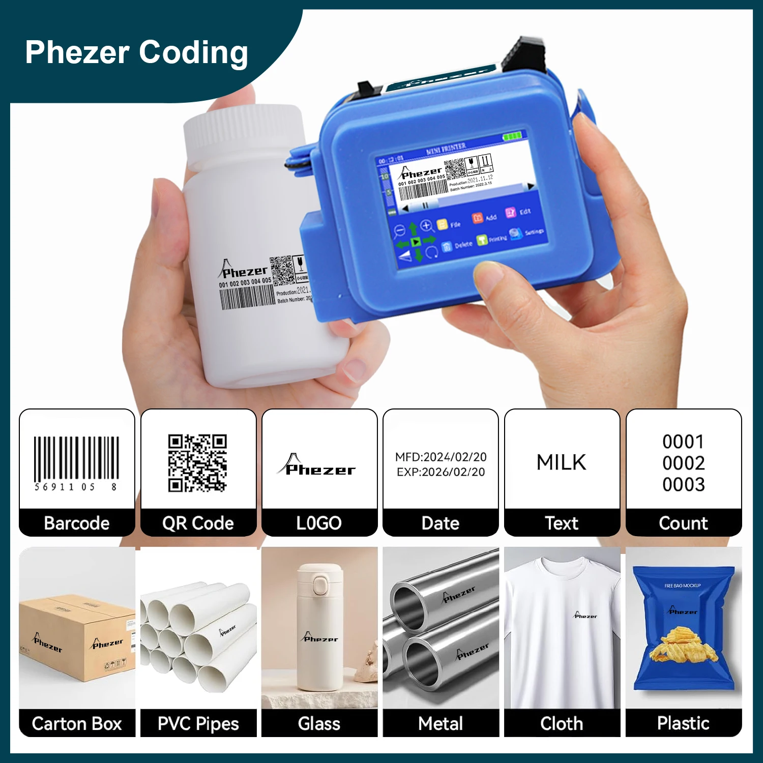 

Мини-принтер Phezer, 28 языков, 12,7 мм, портативный принтер PC13, QR-бар, код партии, дата, номер, логотип, портативный струйный принтер