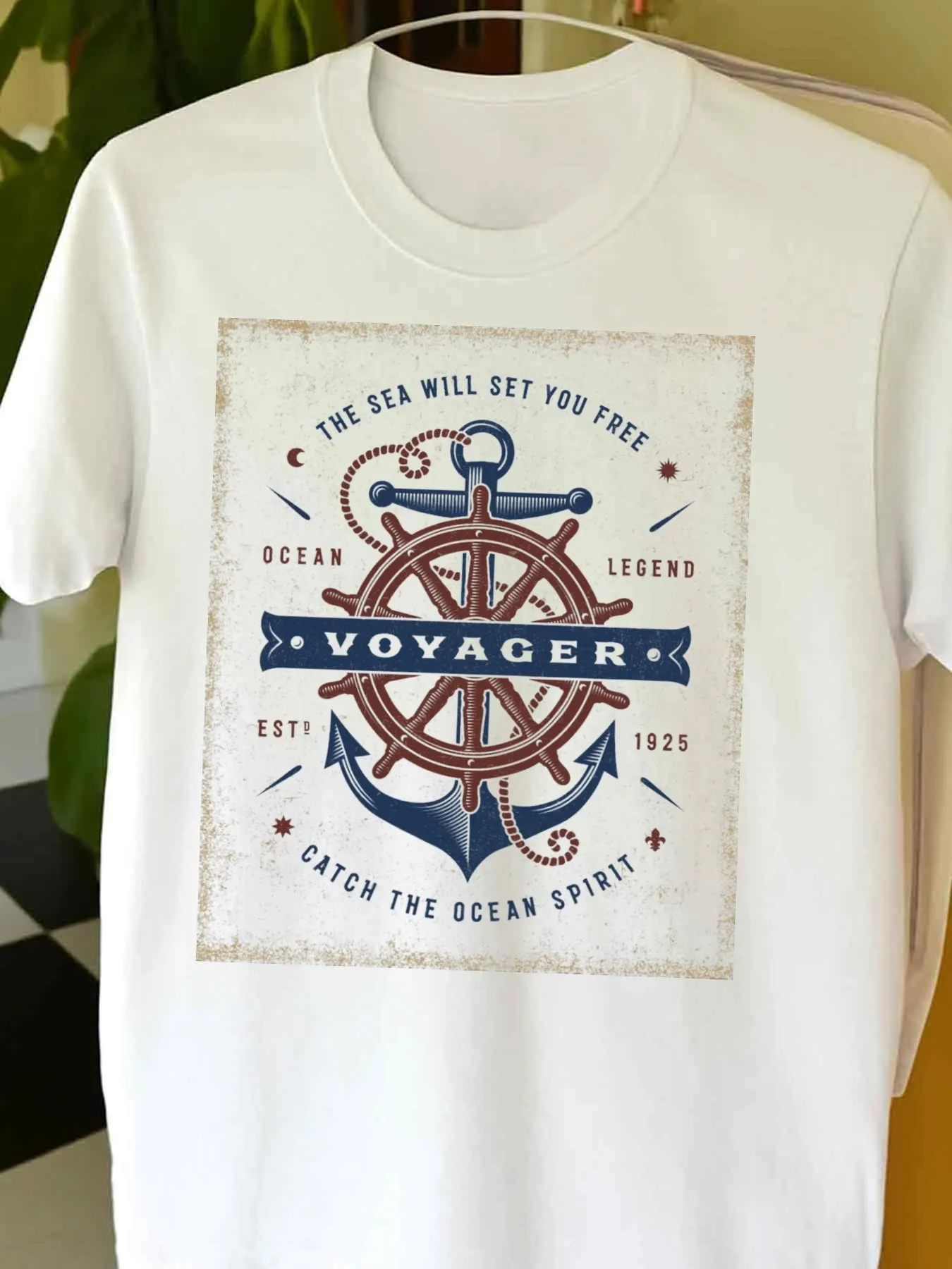 

Vintage Nautical Voyager Compass Rose & Ocean Waves Graphic T-Shirt 100% Cotton O-Neck Short Sleeve Summer Casual Mens T-shirt