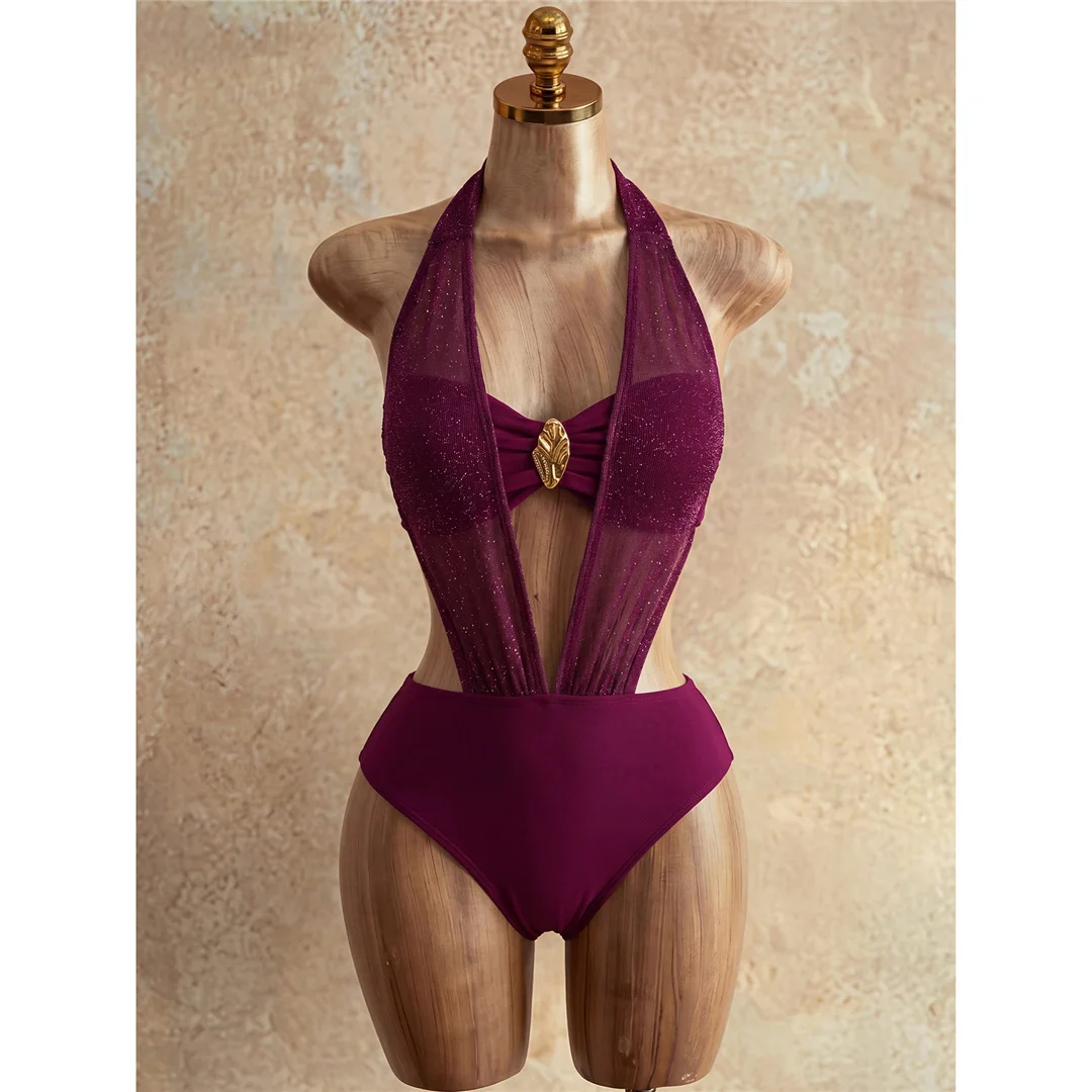 XS - L Tiefer V-Ausschnitt, Neckholder, transparentes Netz, Damen-Badeanzug, einteiliger Badeanzug, rückenfreier Monokini, Badebekleidung, Badeanzug, Modell V8308 – Detail 4