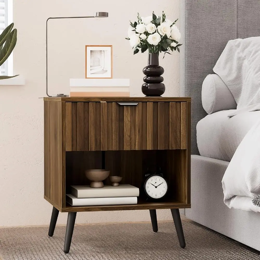 

Walnut Wooden Night Stand, Mid Nightstand With Fluted Drawer, Bedside Table With Open Shelf, Modern End Side Table For