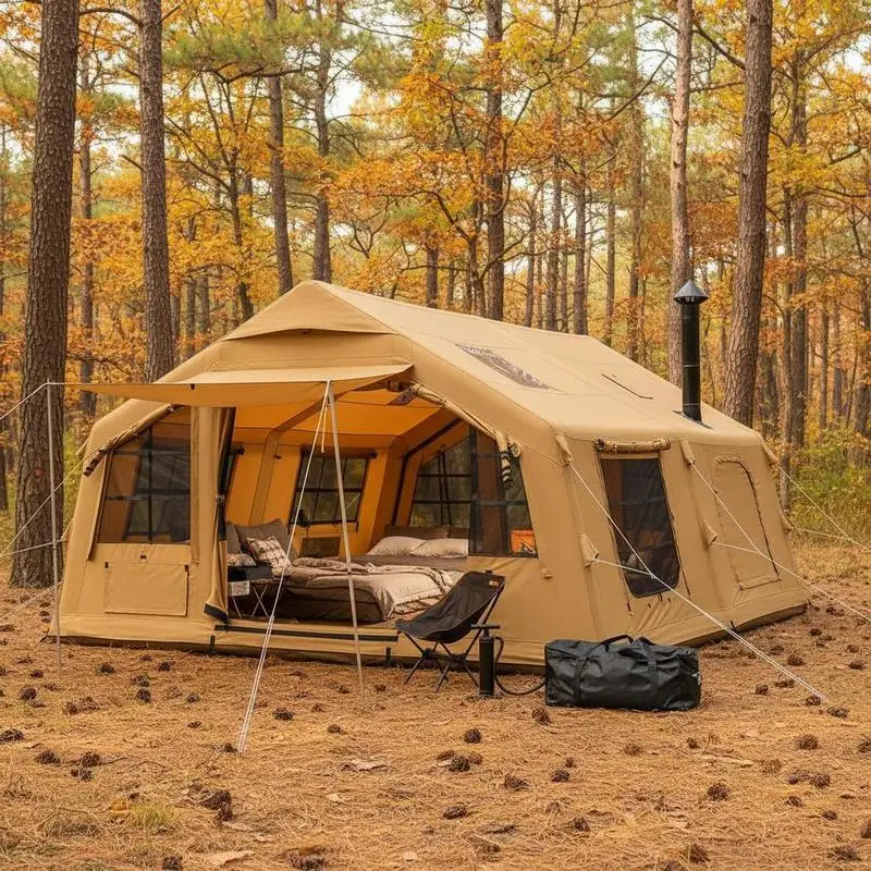 Aufblasbare Campingzelt, 4,8x3,6x2,2 m, Luxus-Glamping-Zelt für 8 bis 12 Personen mit Handpumpe, 2 Lichtöffnungen, Vordach, Türen, Netzfenster, Aufbewahrungstasche, 4 Jahreszeiten