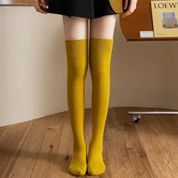 Winter Yellow Warm Wool Over Knee Socks Stockings For Women Wool Circle Solid Colour High Wool Thigh Socks With Fleece Socks