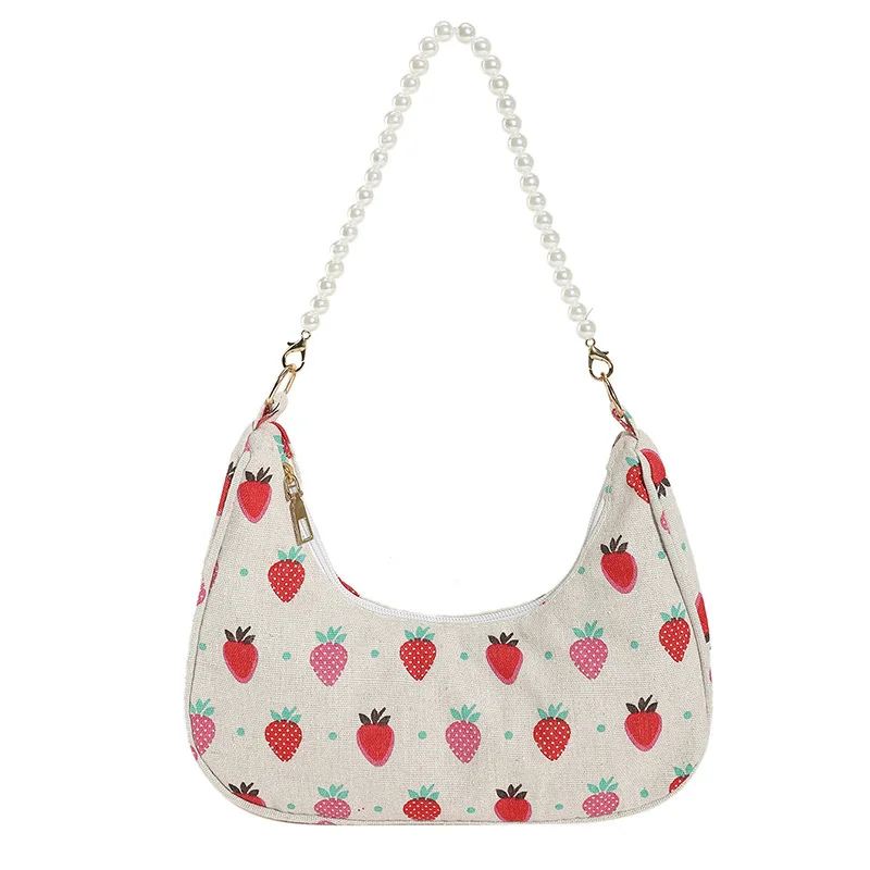 Fashion Strawberry Pattern Underarm Bag Thick Chains Women Shoulder Bags Pearls Chain Handbags Printing Small Hobos Phone Purse