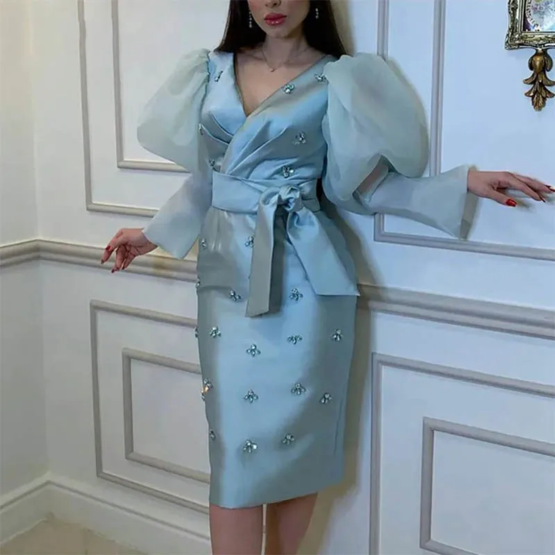 

Exquisite Elegant V- Neck Long Sleeve Mother of The Bride Dresses Crystals Beaded Evening Dresses