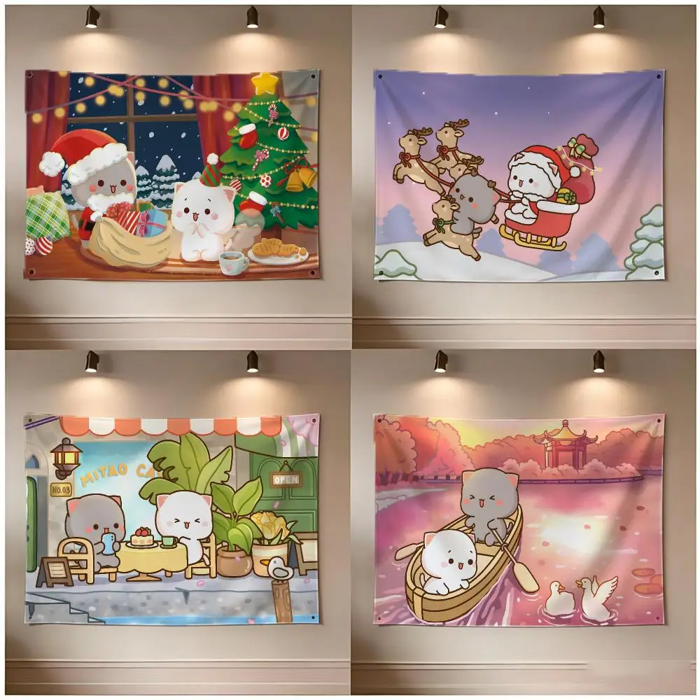 Merry Christmas Sweet Honey Peach Cat Cartoon Flags Borderless Four Ring Ornament Indoor Outdoor Decoration Quick Hang Install