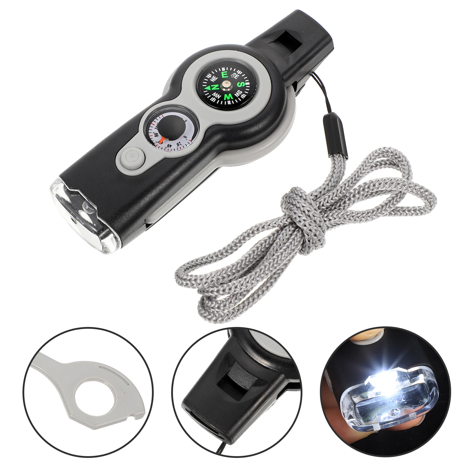 

Survival Whistle Life Saving Tool Camping Gear Hiking Accessories Compass Thermometer LED Light Magnifying Glass Reflector