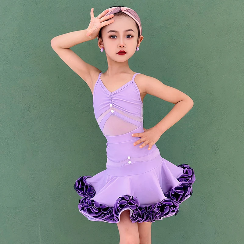 

New Latin Dancewear Girls Summer Slip Dress Purple Ruffle Skirt Set Kids Rumba Cha Cha Performance Clothes Latin Dress VDL3762