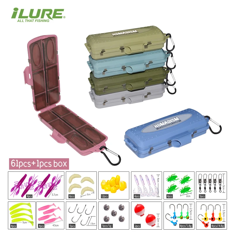 

ILURE 62Pcs Multifunction Fishing Tackle Box Bait Hook Storage Box Double-sided Can Hang Rod Portable Fishing Tool Accessory Box