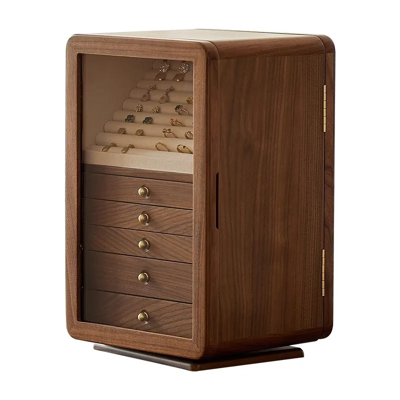 Black walnut drawer type light luxury jewelry box large capacity jewelry box crystal yellow solid wood storage box