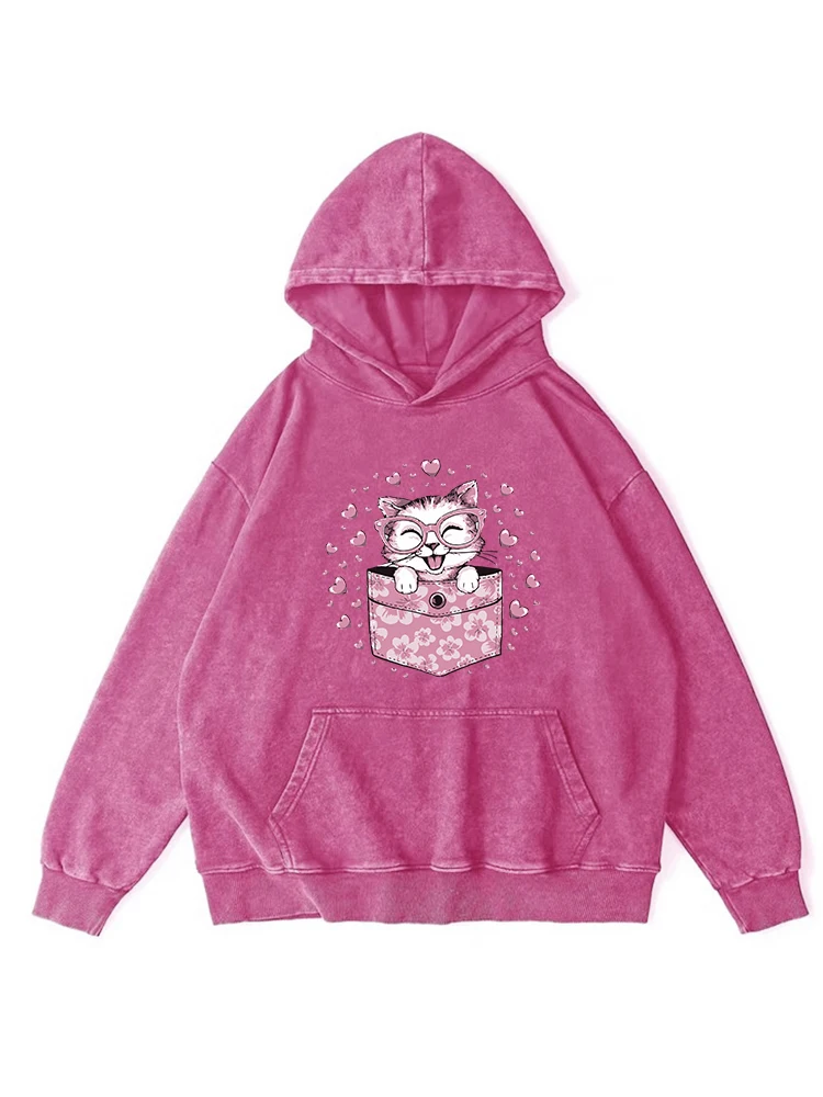 

The Cat In The Pocket Kawaii Print Distressed Washed Hooded Women Autumn Crewneck Cotton Warm Hoodies Casual Oversized Clothes