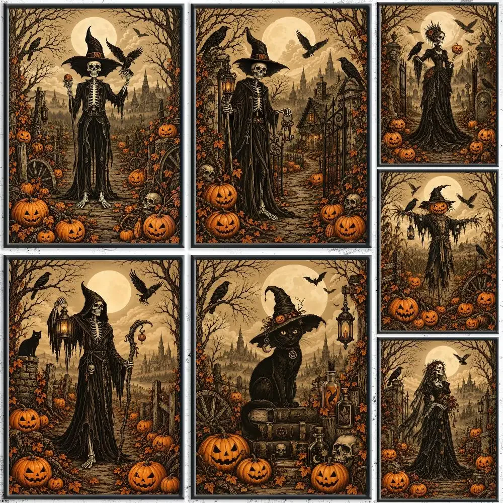 Vintage Engraving Skeleton Halloween Painting Calligraphy HD Canvas Poster Crease Free Waterproof All Space Wall Decor