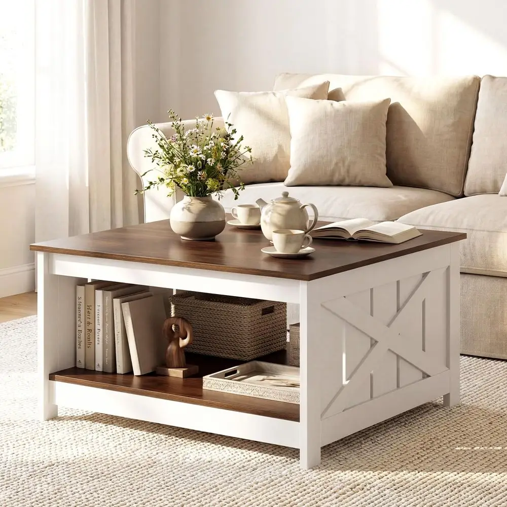 

Farmhouse Coffee Table, 31 Inch Square Wood Coffee Table with Storage Shelf, 2Tier Vintage Center Table with Open Compartment, R