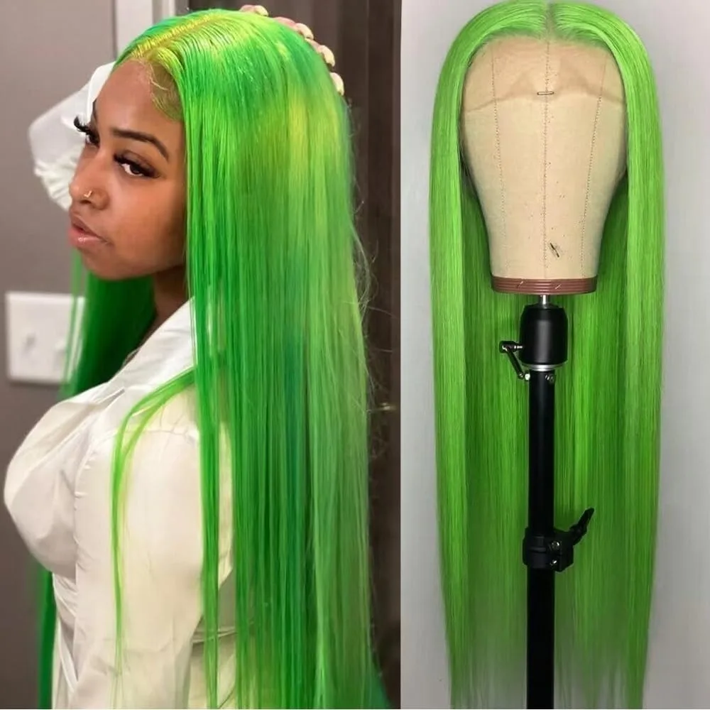Green Wig Long Straight Lace Frontal Wigs Synthetic Lace Front Wigs For Women Glitter Hair Clearance High Quality Cosplay Wear