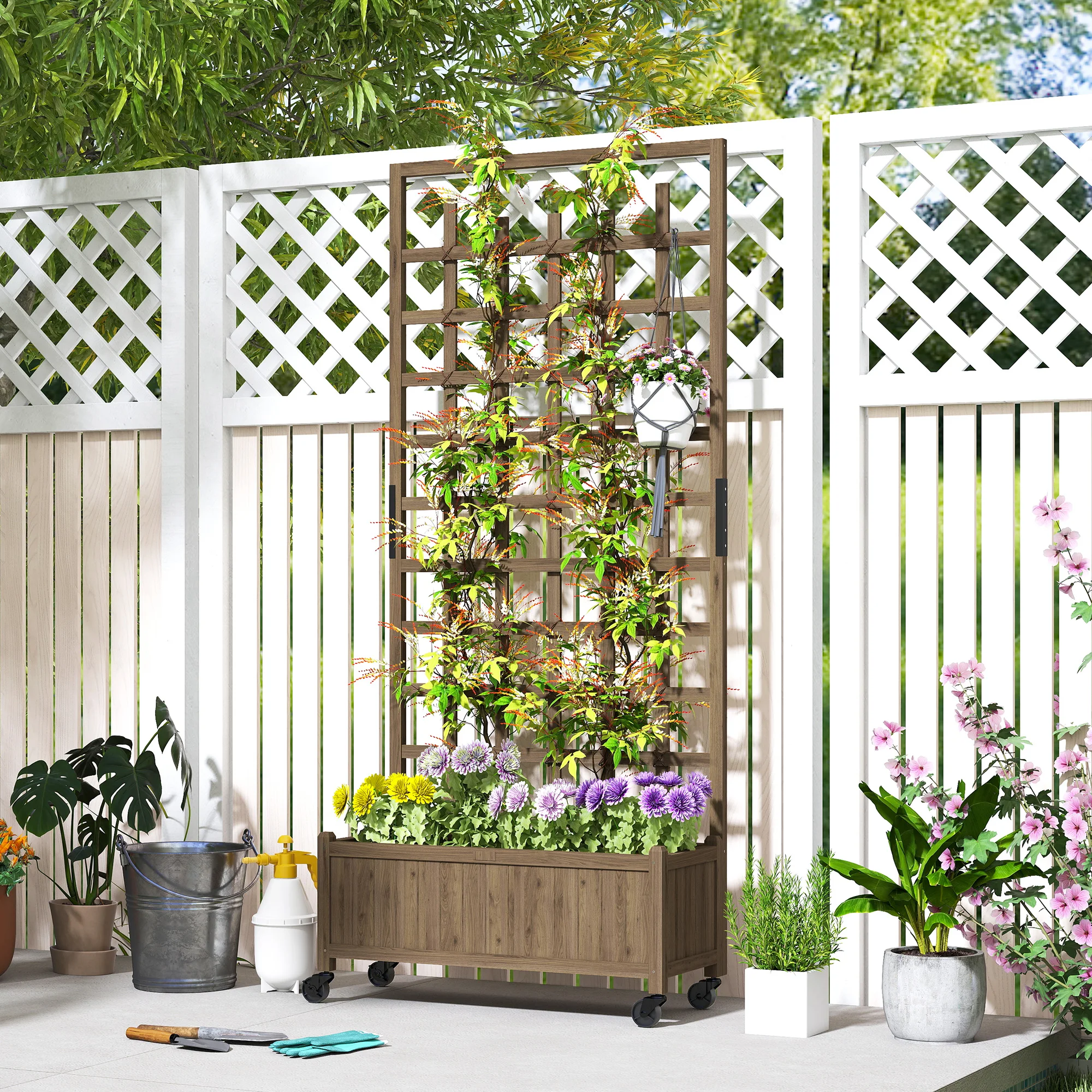 Wooden Trellis Planter, Raised Garden Bed with Wheels and Bed Liner
