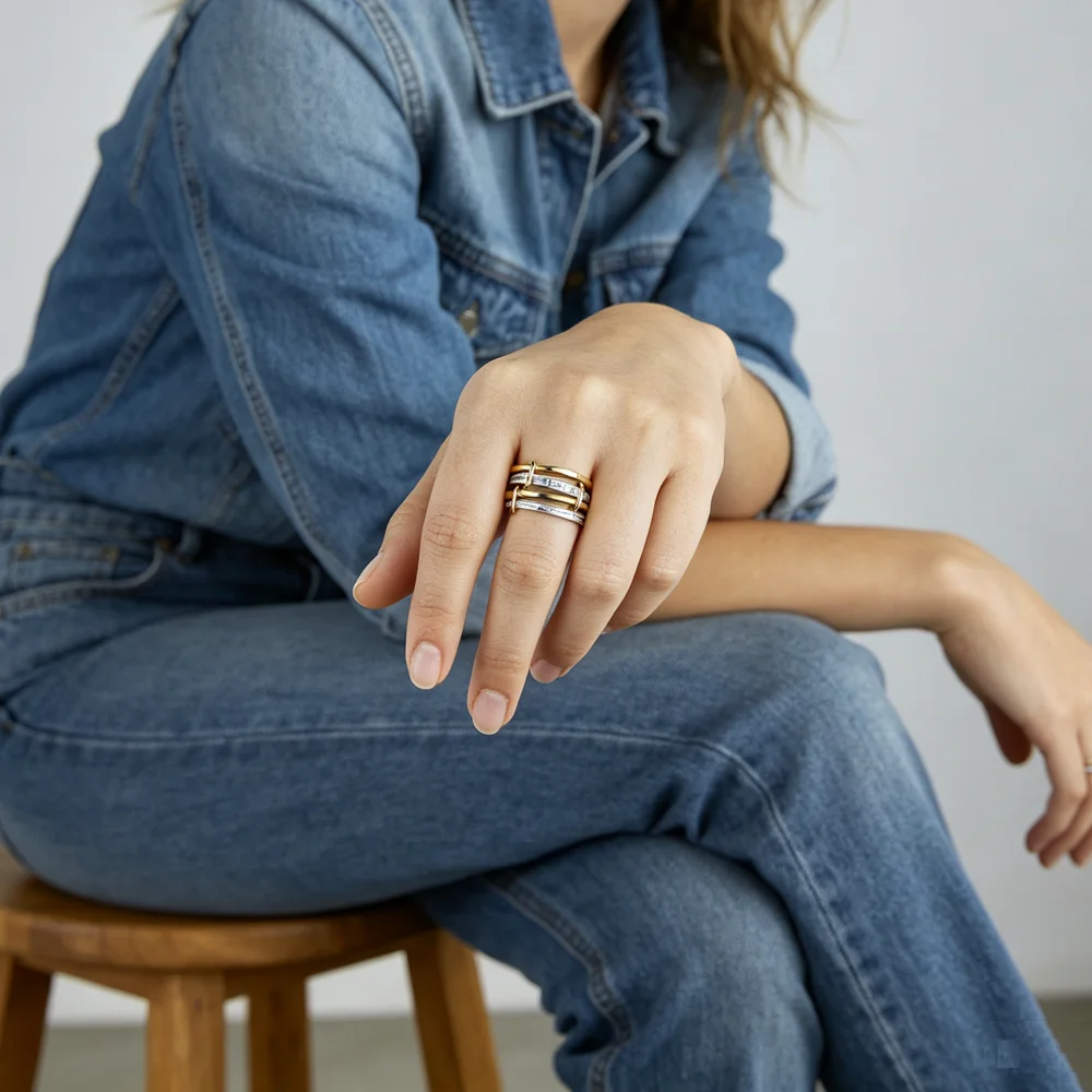 Newly launched dual color interlocking women's ring rectangular cubic zirconia 4 connection rings stackable ring fashion jewelry