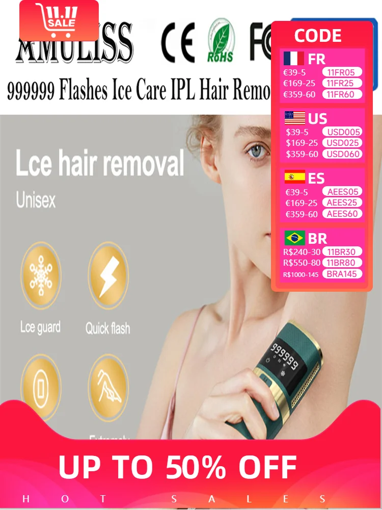 Amuliss Hair removal IPL Depilator Pulses Permanent Laser Epilator Painless  Bikini face and body machine home-appliance Devices