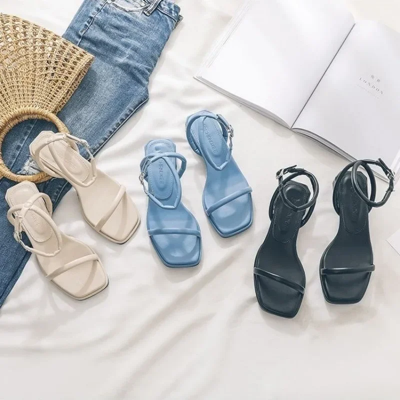 Fashion Summer Shoes Woman\'s Sandals Narrow Band Vintage Square Toe Ankle Strap Thong Sandalias Shape Design Elegant Women 35-40